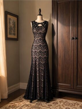 Elegant Black Lace Maxi Dress with Sheer Illusion Neckline